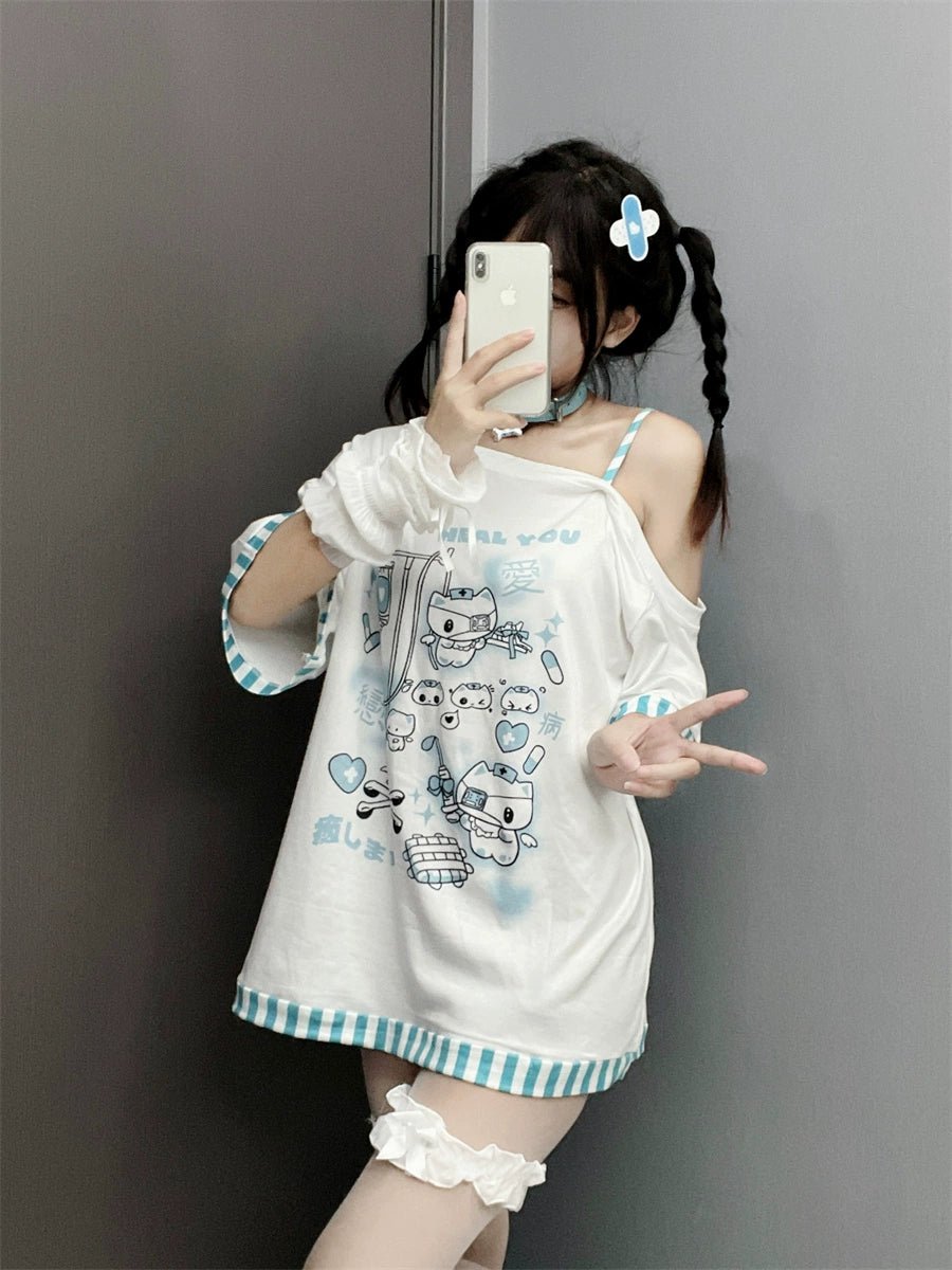 天使界隈 オフショルストライプトリミング 半袖トップス - grimoire