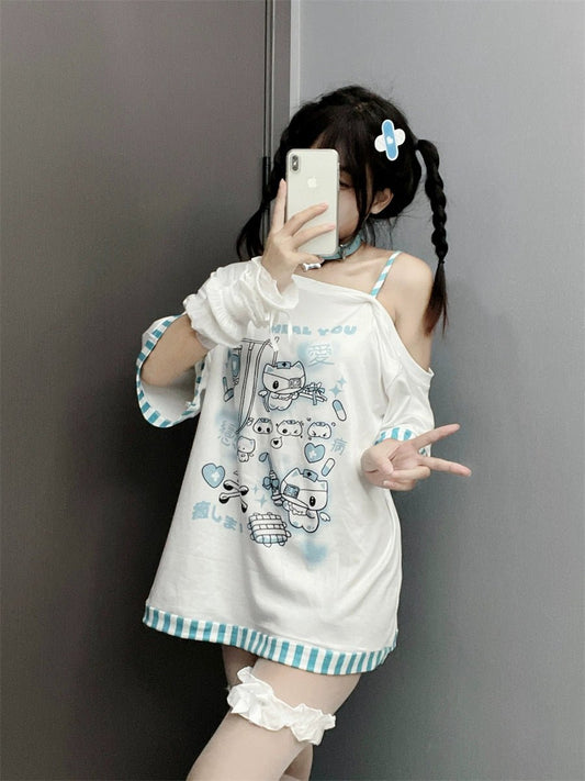 天使界隈 オフショルストライプトリミング 半袖トップス - grimoire