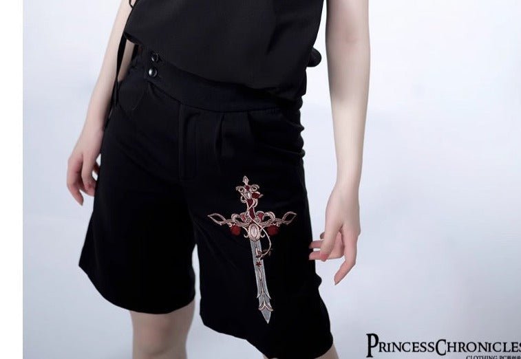 皇子系 薔薇と剣の刺繍入りショートパンツ - grimoire