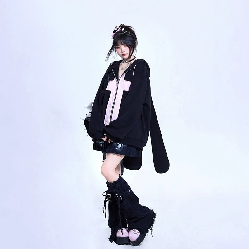 うさみみ クロス アップリケ オーバーサイズ ジップ パーカー - grimoire