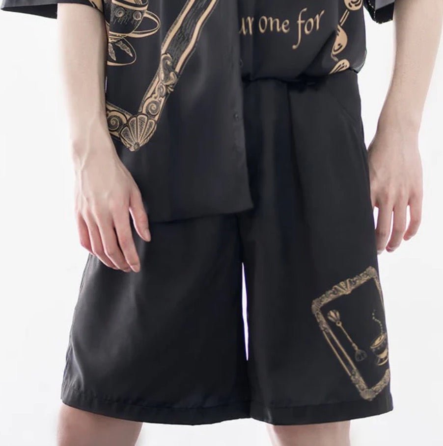 皇子の休日 黒の夏用ハーフパンツ 額縁プリントセットアップ - grimoire