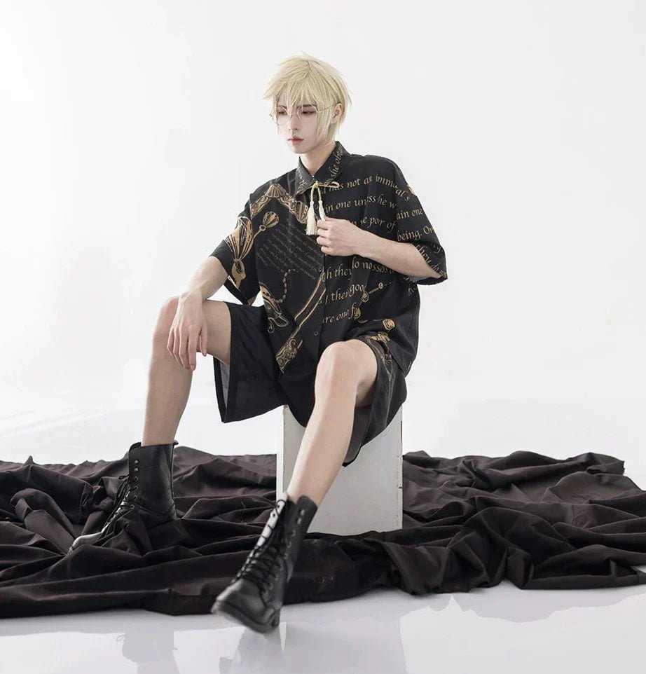 皇子の休日 黒の夏用ハーフパンツ 額縁プリントセットアップ - grimoire