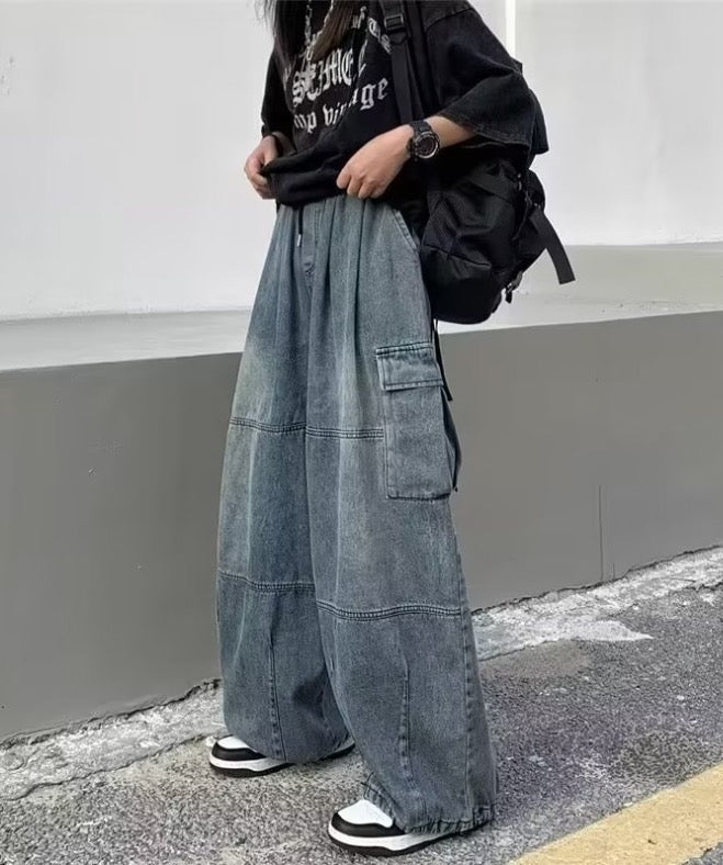 ヴィンテージ加工デニム ワイドデニムパラシュートカーゴパンツ サイドポケット裾ドローコード - grimoire