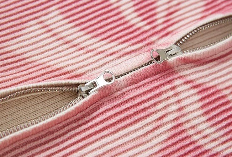 レトロ リボンとグラデーションプリント ジップリブカーディガン - grimoire