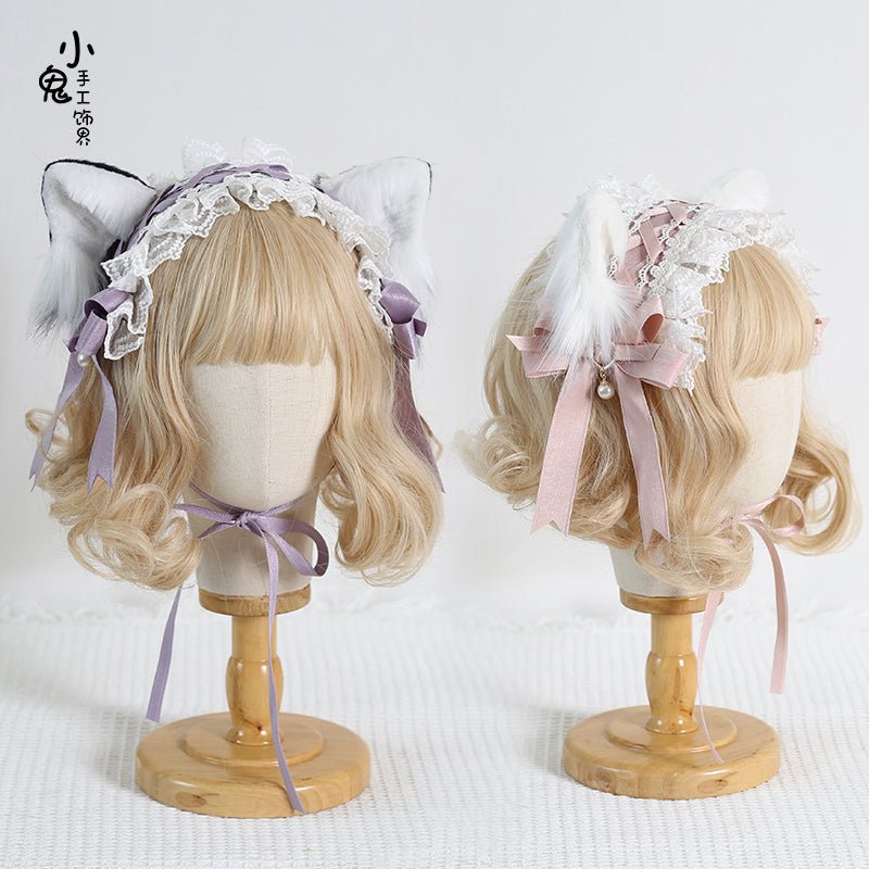 レースとサテンリボンのヘッドドレス ノーマル&猫耳付き 水色界隈 - grimoire