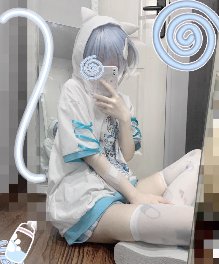 水色界隈 天使界隈 ネコ耳のフード付き半袖パーカー 薄手素材 - grimoire