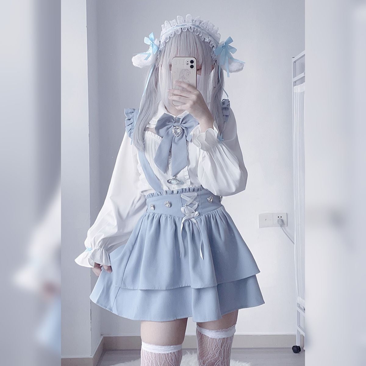 水色界隈 ビッグリボンのサスペンダースカートスクールガールセットアップ - grimoire