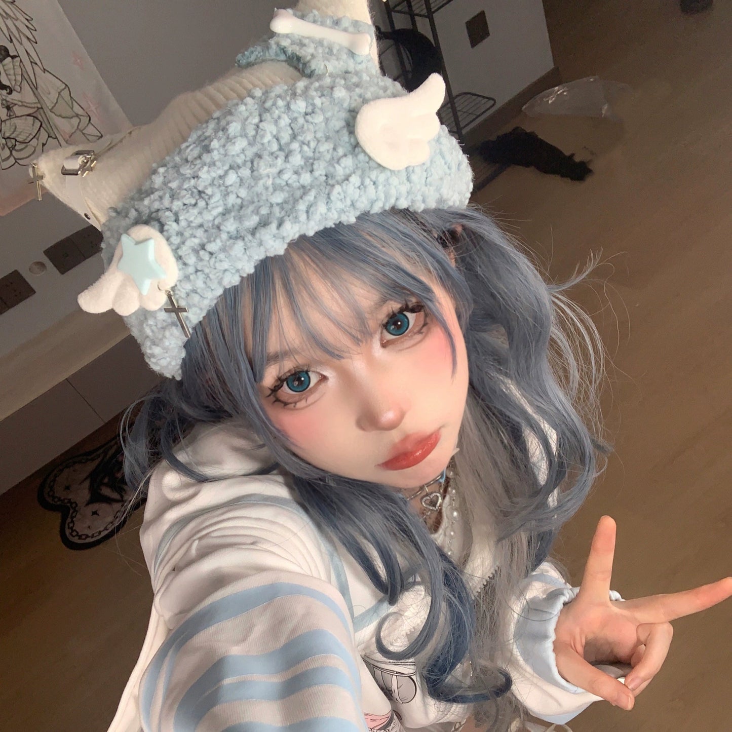 もこもこ猫耳 天使界隈 水色界隈 ニットキャップ - grimoire