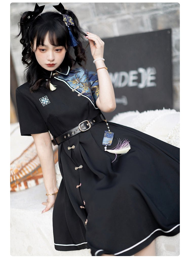 暗闇に花咲くアシンメトリーチャイナワンピースドレス - grimoire