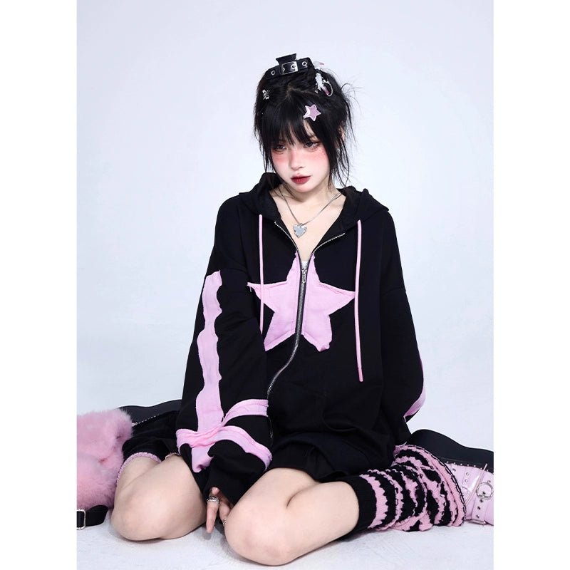 星とリボン ピンクのパッチワークパーカー - grimoire