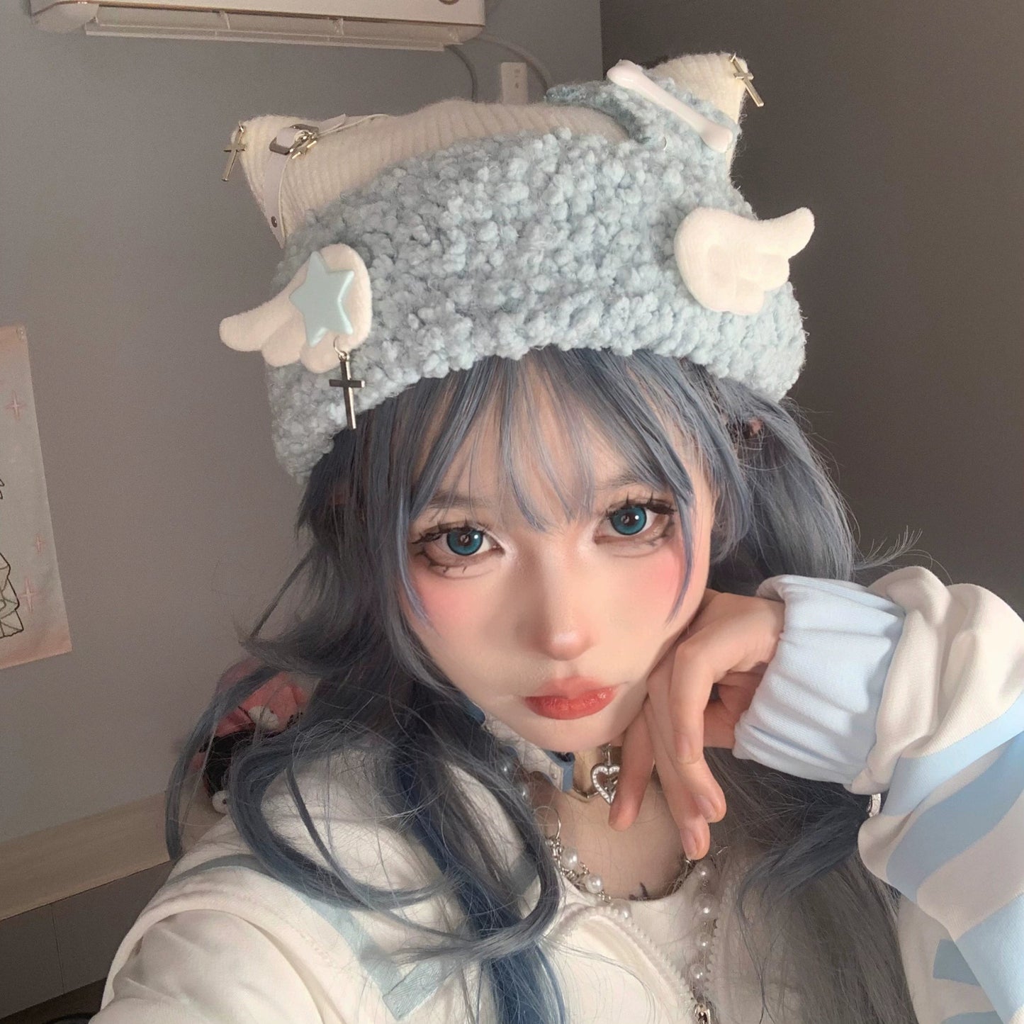 もこもこ猫耳 天使界隈 水色界隈 ニットキャップ - grimoire