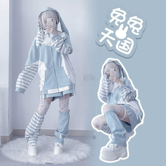 天使界隈 ブルーラビットの休日 サブカルうさ耳地雷系パーカー 水色界隈 - grimoire