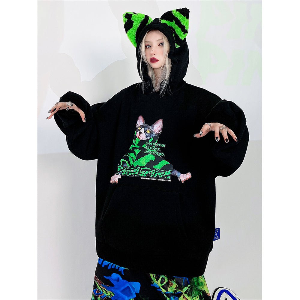 ネオンカラーネコ耳フード付き スフィンクス 猫プリントスウェット - grimoire