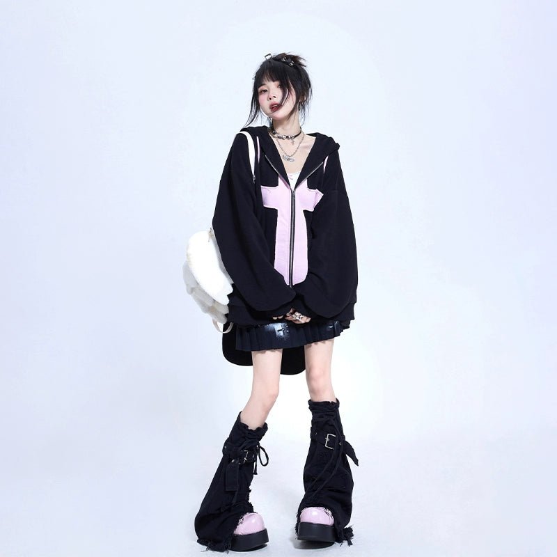 うさみみ クロス アップリケ オーバーサイズ ジップ パーカー - grimoire