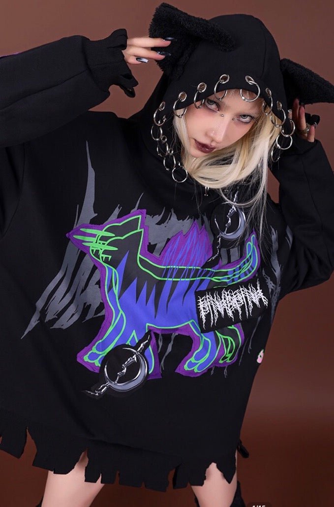 猫プリント リングアクセパーカー ほつれトリム - grimoire