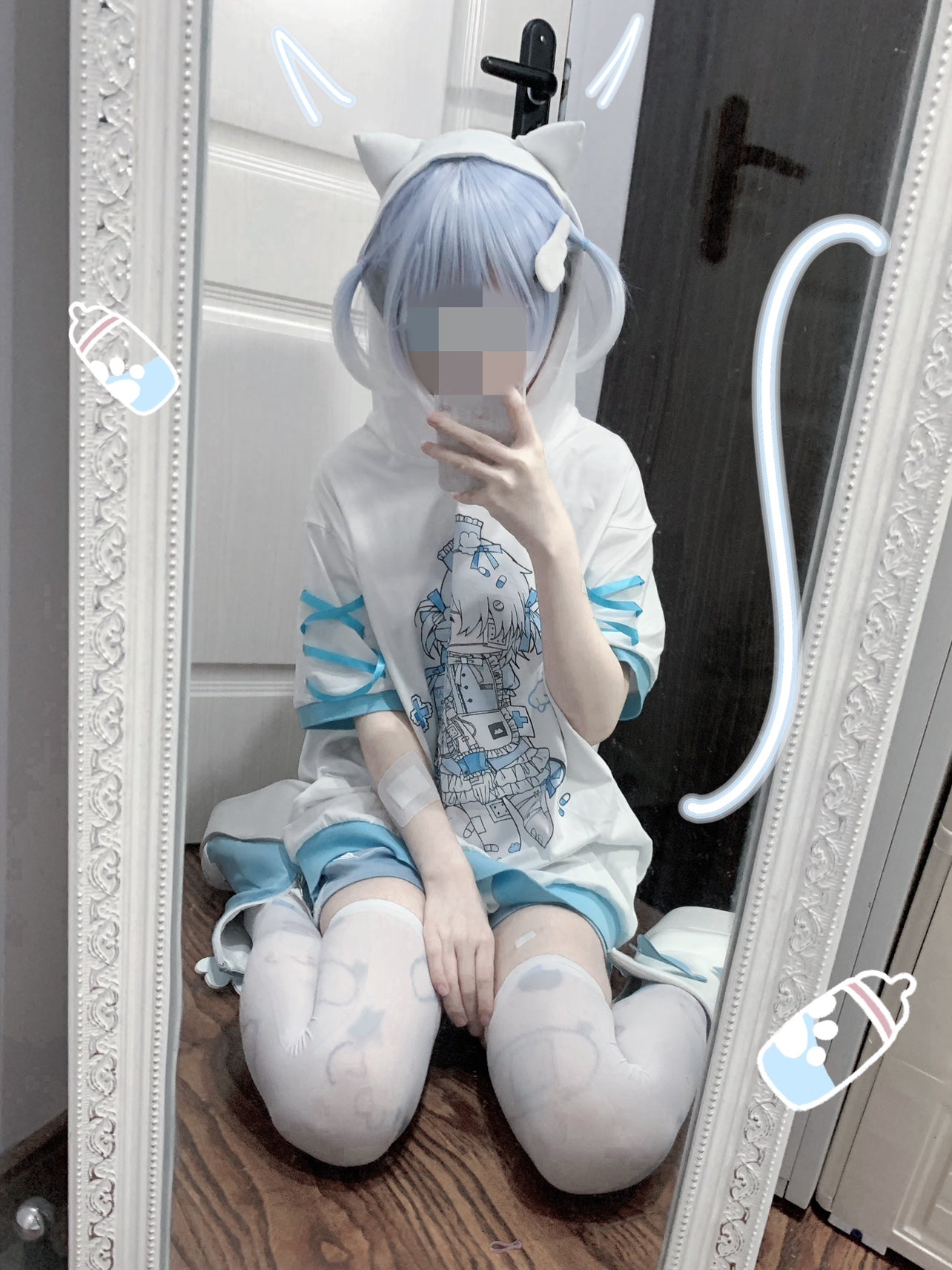 水色界隈 天使界隈 ネコ耳のフード付き半袖パーカー 薄手素材 - grimoire