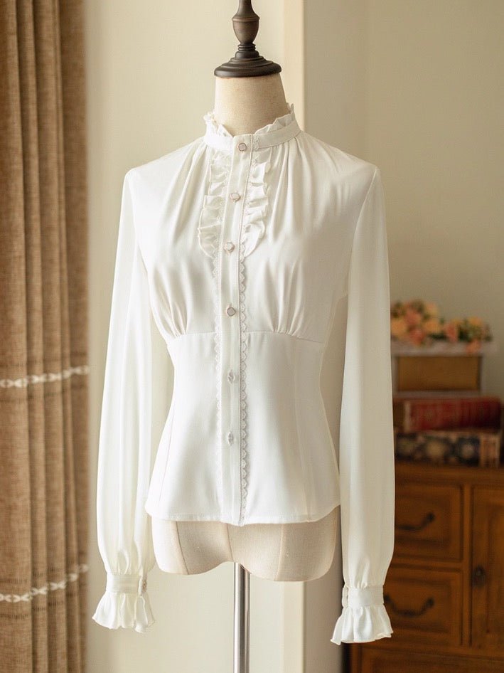 Lady-like white bowtie frill blouse with long sleeves and stand-up col –  grimoire