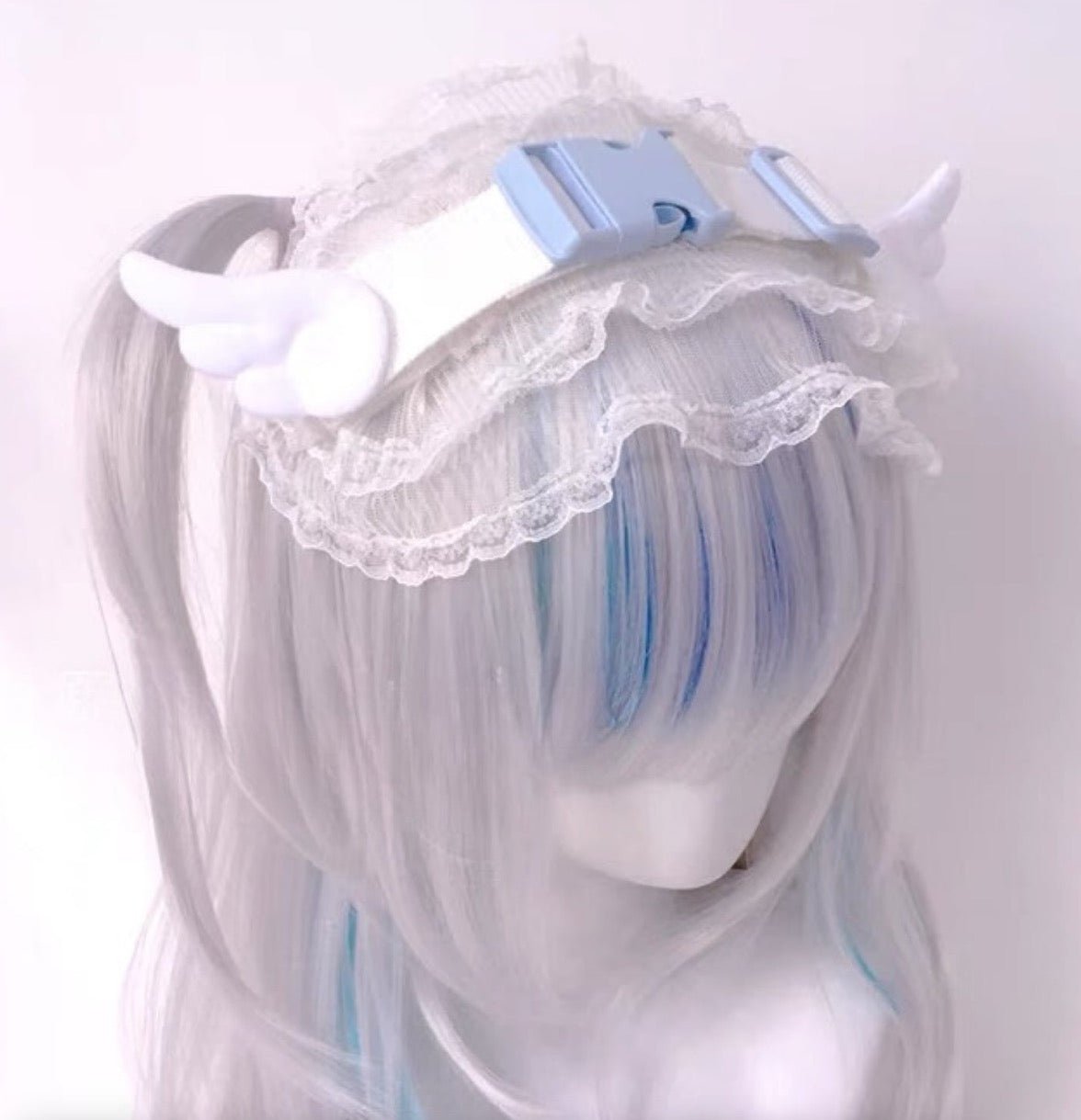 Heavenly cloudy blue sky, lace and buckled belt head dress, light blue –  grimoire