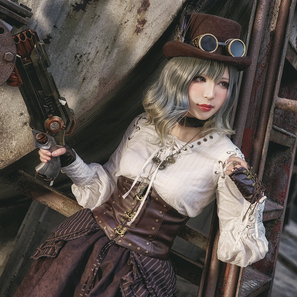 steampunk 編み上げVネックブラウス スチームパンクファッション - grimoire