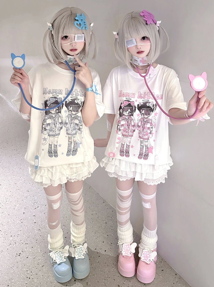 天使界隈 双子天使のイラスト半袖プリントTシャツ - grimoire