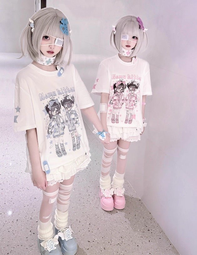 天使界隈 双子天使のイラスト半袖プリントTシャツ - grimoire