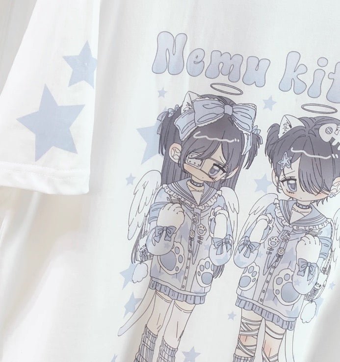 天使界隈 双子天使のイラスト半袖プリントTシャツ - grimoire