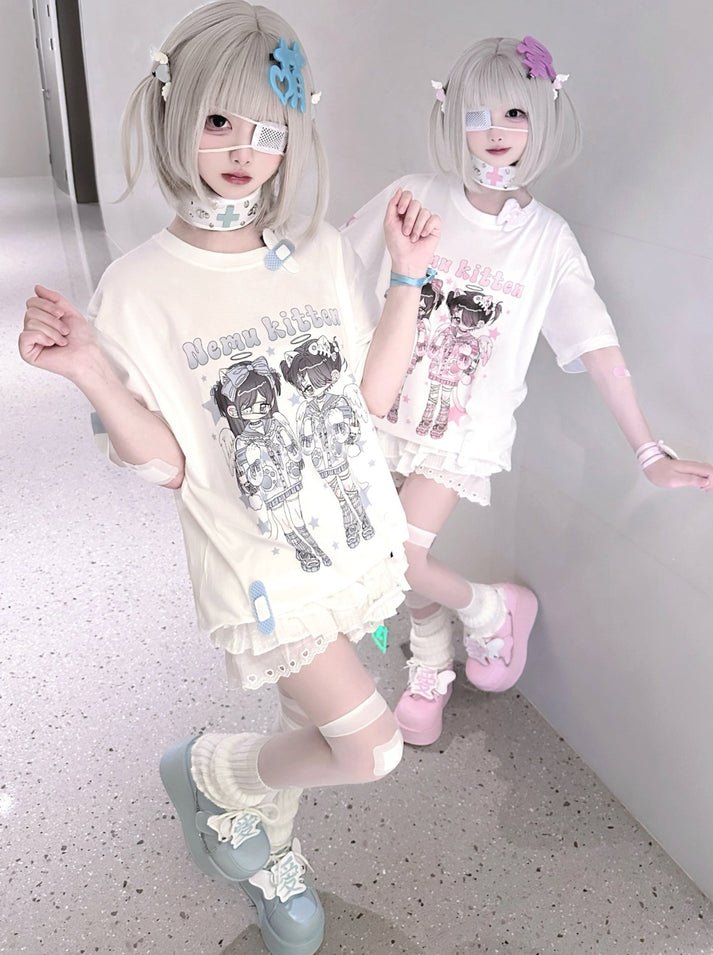 天使界隈 双子天使のイラスト半袖プリントTシャツ - grimoire