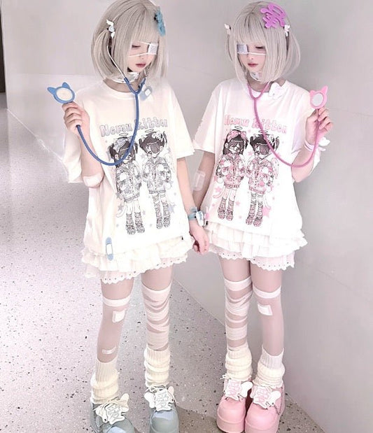 天使界隈 双子天使のイラスト半袖プリントTシャツ - grimoire