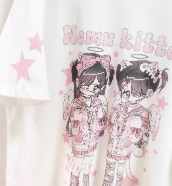 天使界隈 双子天使のイラスト半袖プリントTシャツ - grimoire
