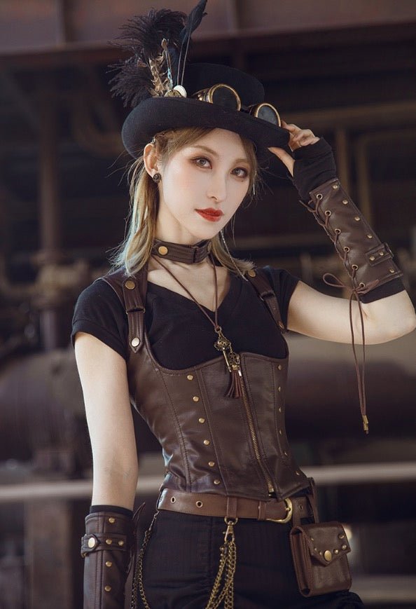 スチームパンク 黒の V ネック T シャツと黒の手袋セット - grimoire