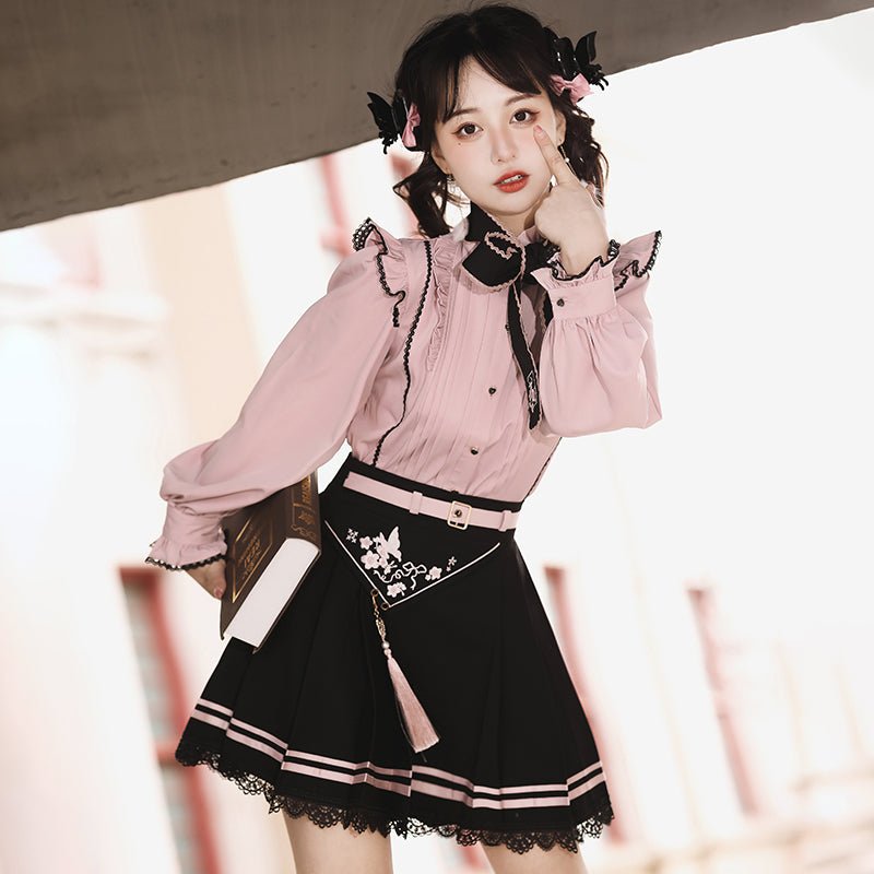 チャイナx地雷系 ピンクと黒のレーススカート セットアップ - grimoire