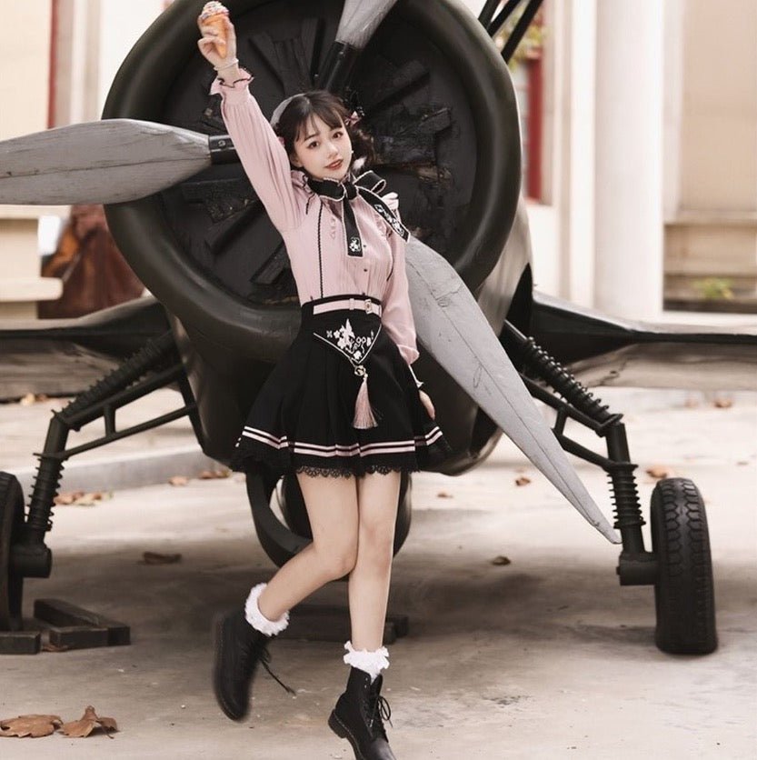 チャイナx地雷系 ピンクと黒のレーススカート セットアップ - grimoire
