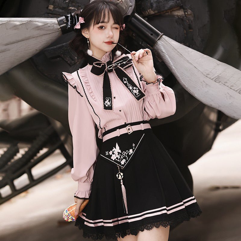 チャイナx地雷系 ピンクと黒のレーススカート セットアップ - grimoire