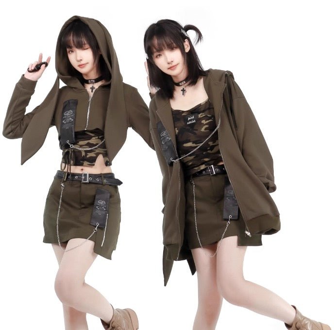 Y2K うさみみパーカー 迷彩アーミー ショート丈セット - grimoire