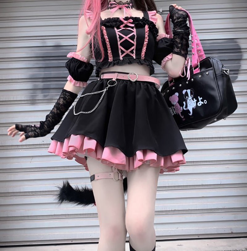 Y2K 黒猫 ピンクと黒の地雷系キュートセットアップ - grimoire