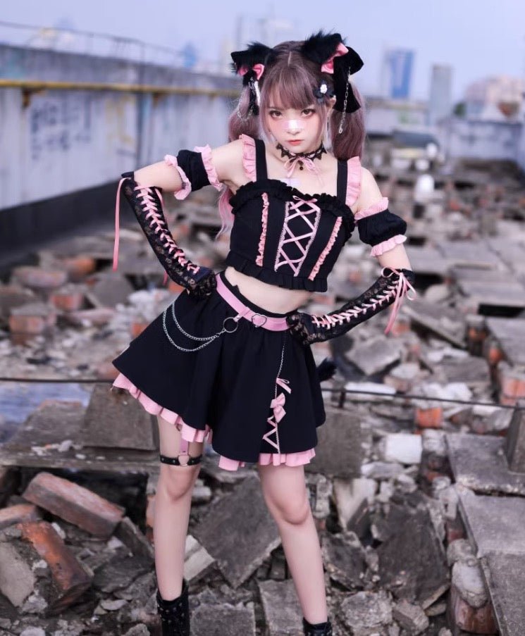 Y2K 黒猫 ピンクと黒の地雷系キュートセットアップ - grimoire