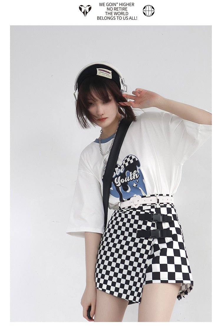海外ガール モノトーンY2Kファッション 白黒のチェッカー柄セット - grimoire