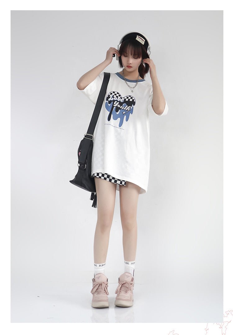海外ガール モノトーンY2Kファッション 白黒のチェッカー柄セット - grimoire