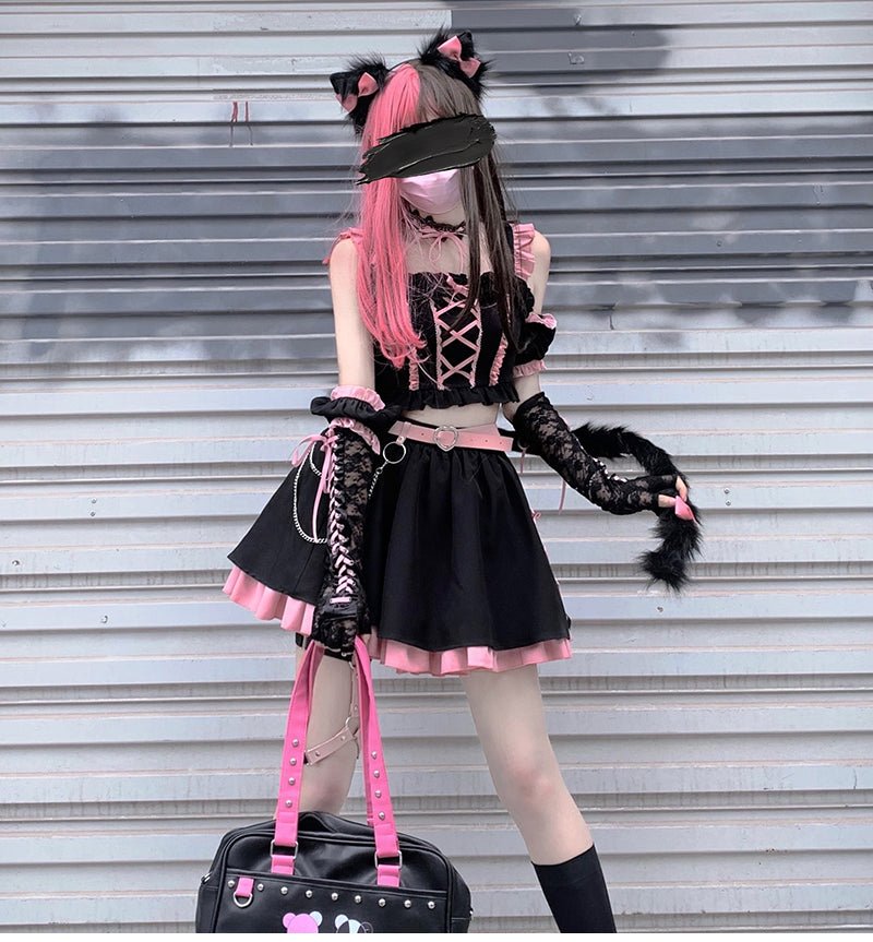 Y2K 黒猫 ピンクと黒の地雷系キュートセットアップ - grimoire