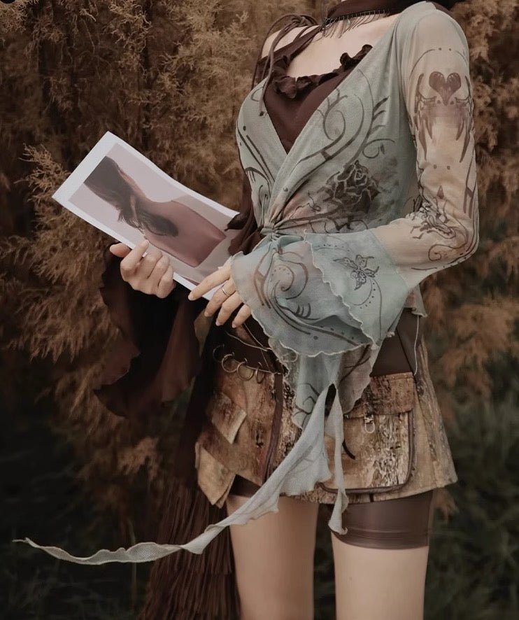 Y2K 荒野の美学 樹木のキュロット大地のスチームパンクセットアップ - grimoire