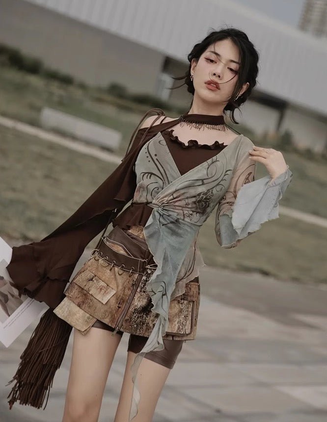 Y2K 荒野の美学 樹木のキュロット大地のスチームパンクセットアップ - grimoire