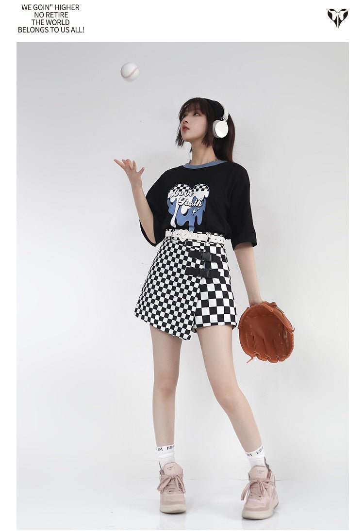 海外ガール モノトーンY2Kファッション 白黒のチェッカー柄セット - grimoire