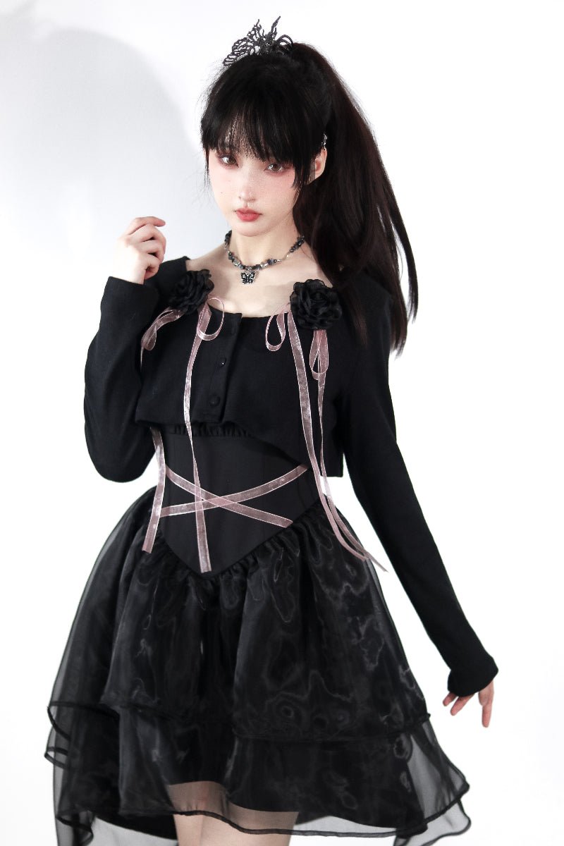 black dress with pink cardigan Dusty Rose