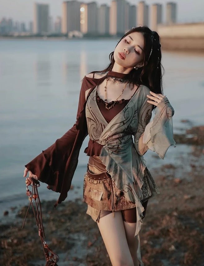Y2K 荒野の美学 樹木のキュロット大地のスチームパンクセットアップ - grimoire