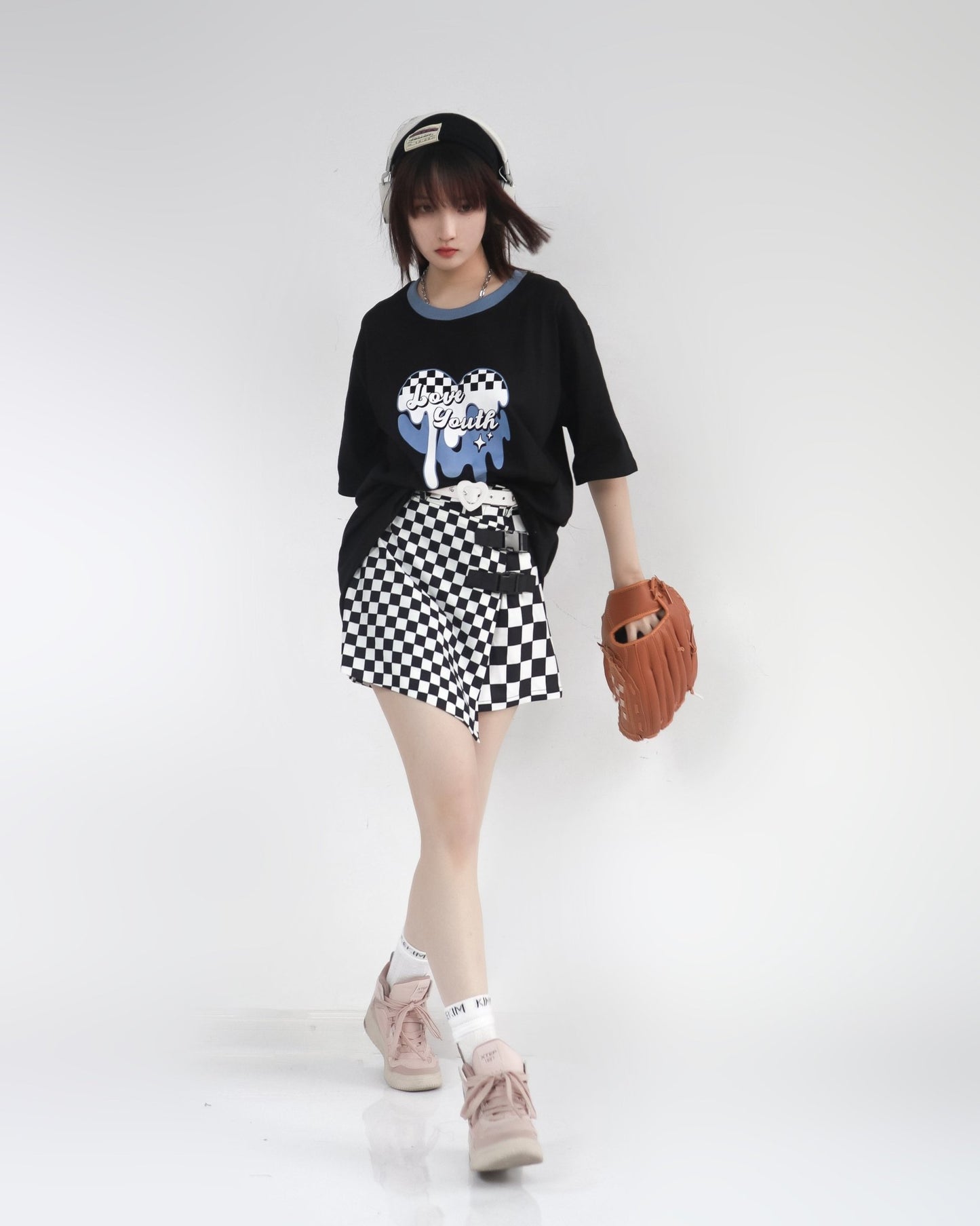 海外ガール モノトーンY2Kファッション 白黒のチェッカー柄セット - grimoire