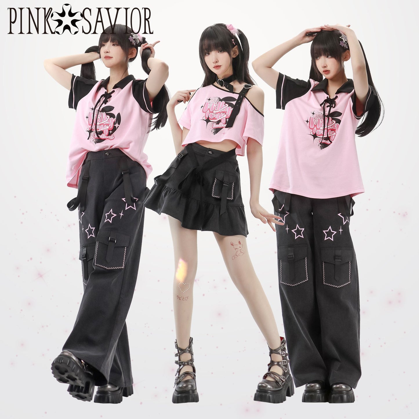 チョーカー付きピンクオフショルダー Y2K ファッション - grimoire