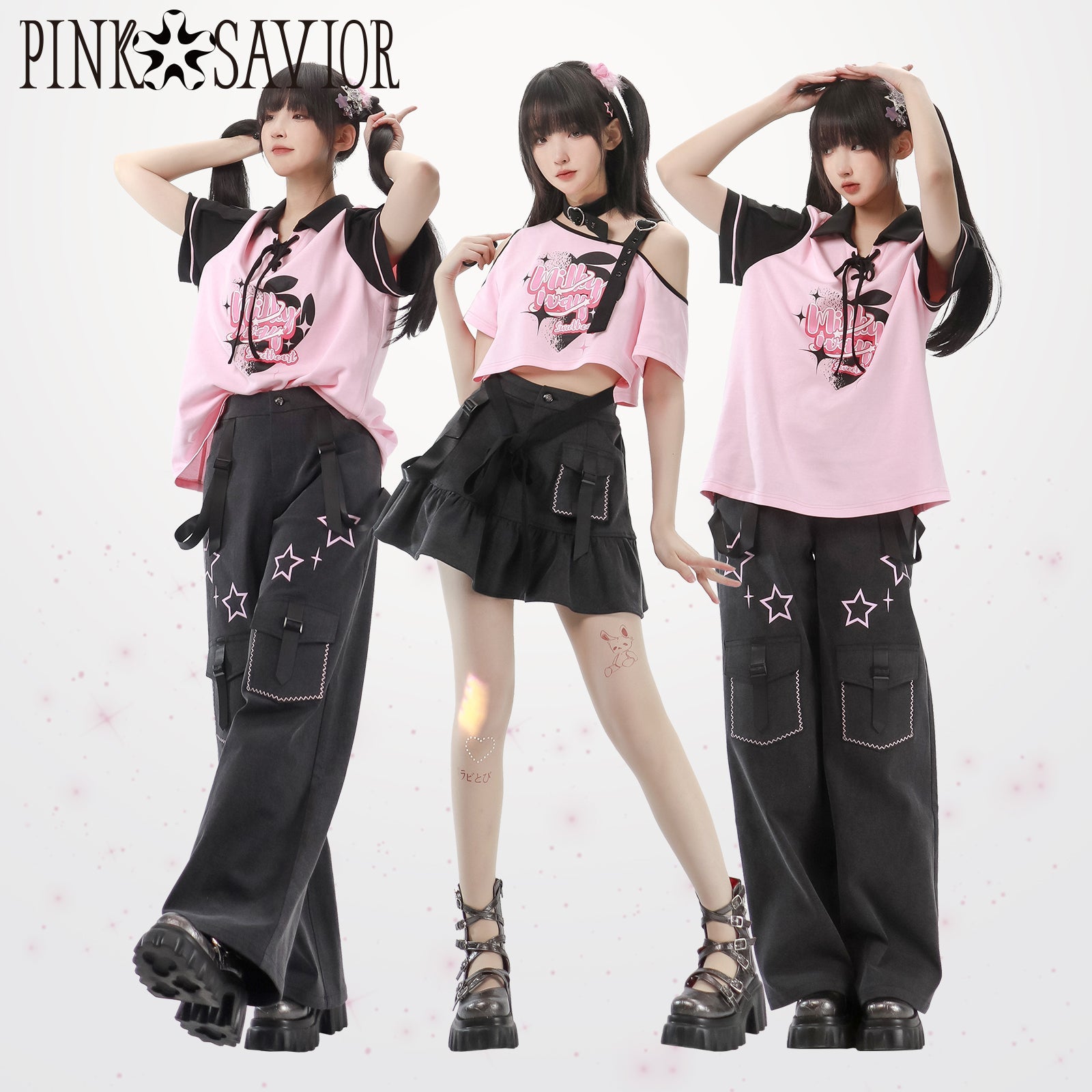 チョーカー付きピンクオフショルダー Y2K ファッション - grimoire