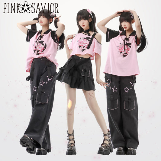 チョーカー付きピンクオフショルダー Y2K ファッション - grimoire