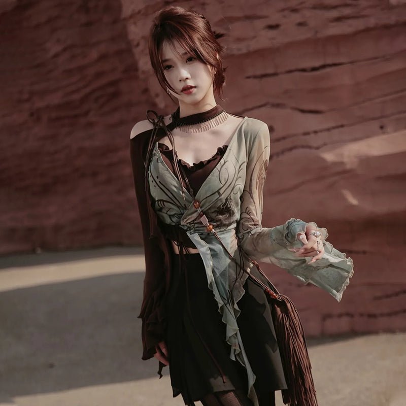Y2K 荒野の美学 樹木のキュロット大地のスチームパンクセットアップ - grimoire