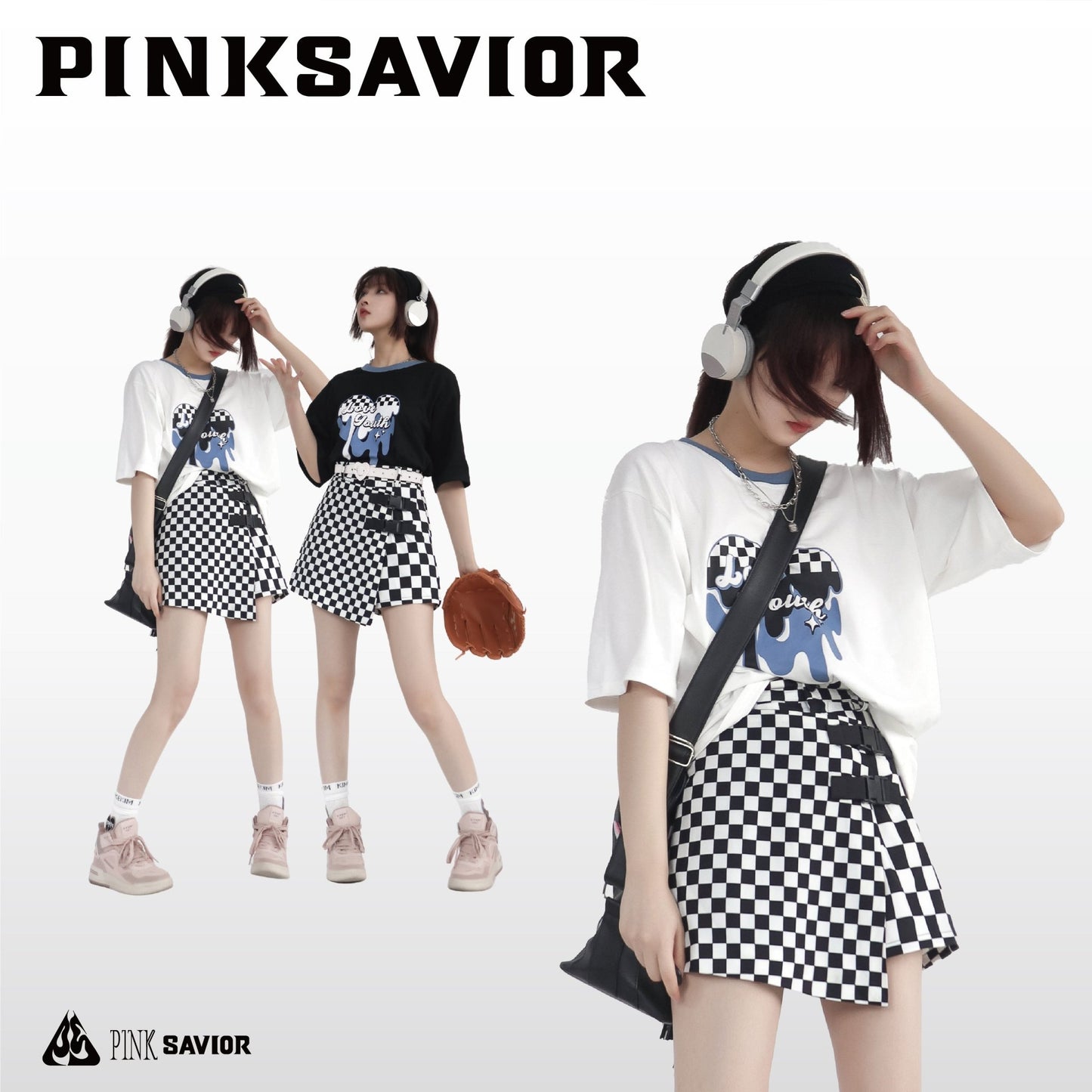 海外ガール モノトーンY2Kファッション 白黒のチェッカー柄セット - grimoire
